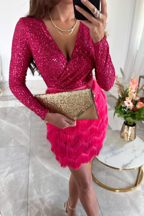 Rebeca® | Damen-Paillettenkleid mit V-Ausschnitt und Fransenrock