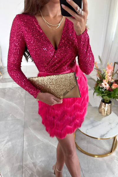Rebeca® | Damen-Paillettenkleid mit V-Ausschnitt und Fransenrock