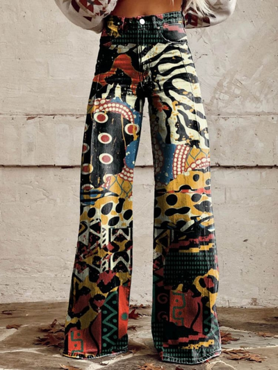 Weit geschnittene Jeans | High Waist | Abstrakter Ethno-Print