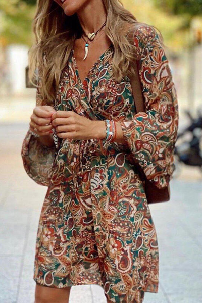 Yadira® | Vintage-Kleid mit Laternenärmeln und Aufdruck