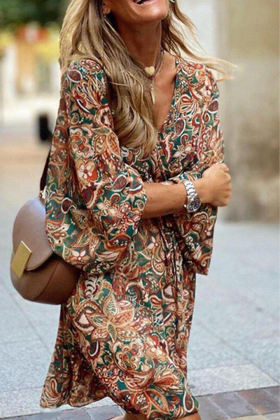 Yadira® | Vintage-Kleid mit Laternenärmeln und Aufdruck