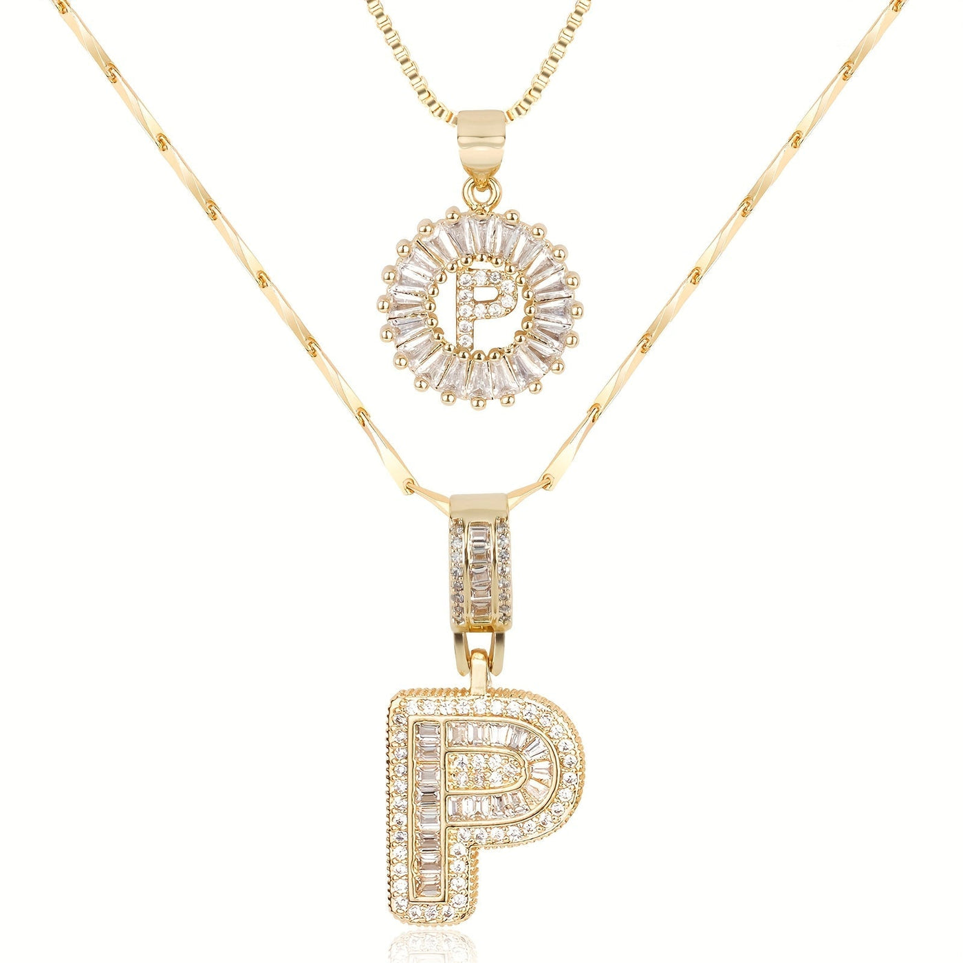 2-teiliges 14k Diamant-Anfangsbuchstaben-Halsketten-Set