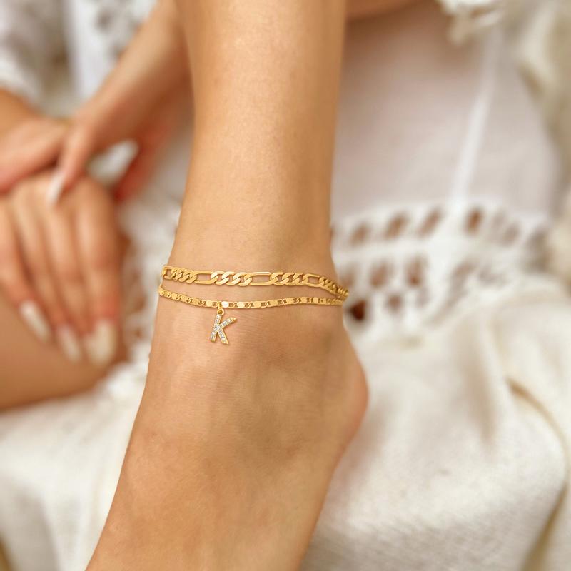 2-teiliges 14k Diamant-Anfangsbuchstaben-Fußkettchen