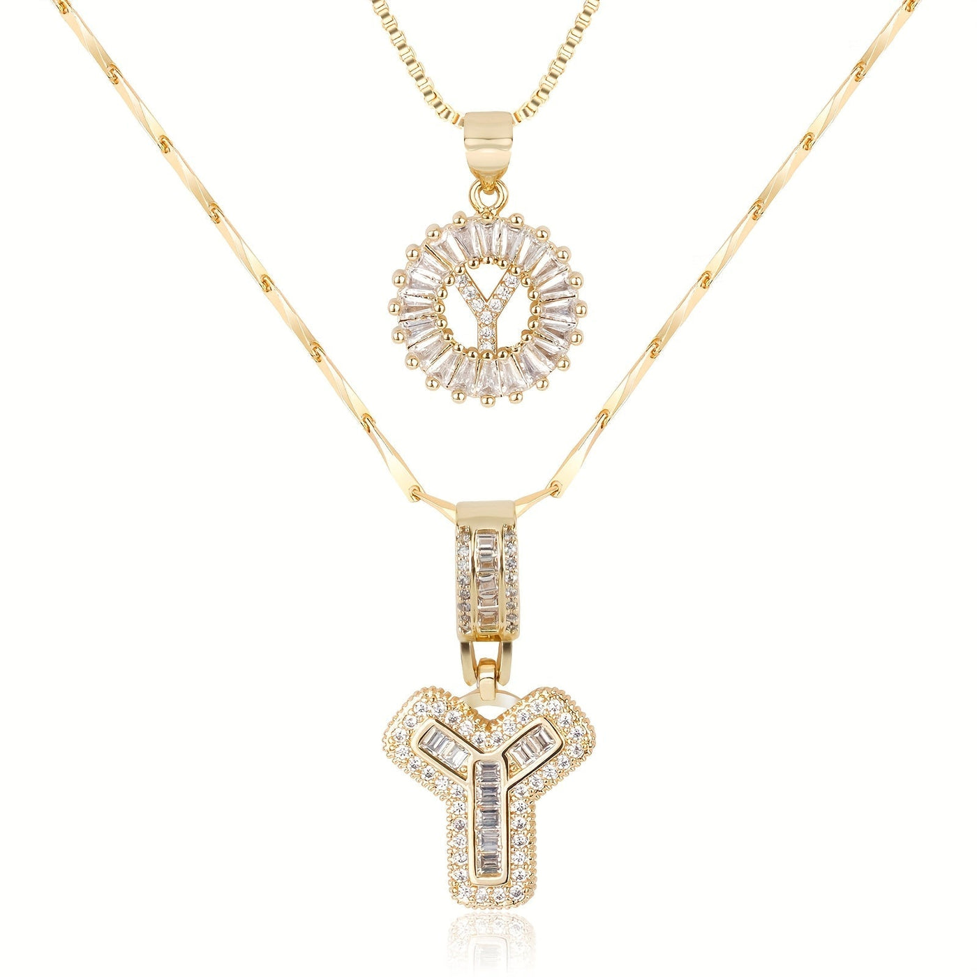 2-teiliges 14k Diamant-Anfangsbuchstaben-Halsketten-Set