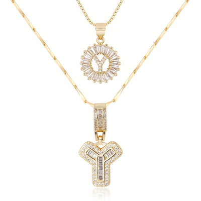 2-teiliges 14k Diamant-Anfangsbuchstaben-Halsketten-Set