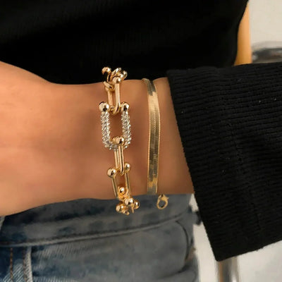 2-teiliges Statement-Kettenverschluss- & Fischgrätenarmband