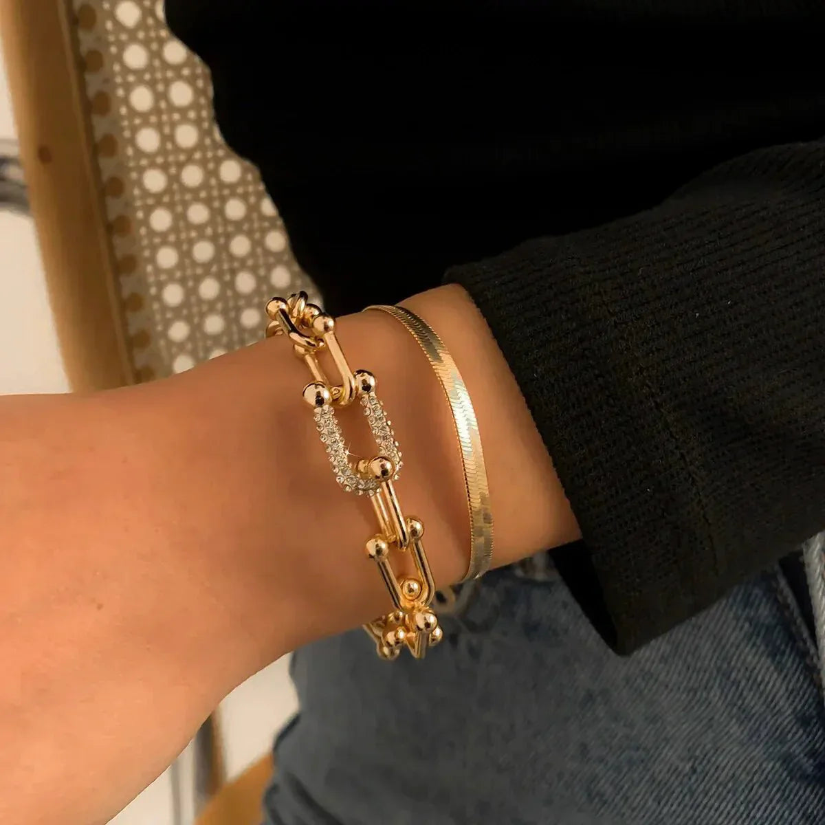 2-teiliges Statement-Kettenverschluss- & Fischgrätenarmband