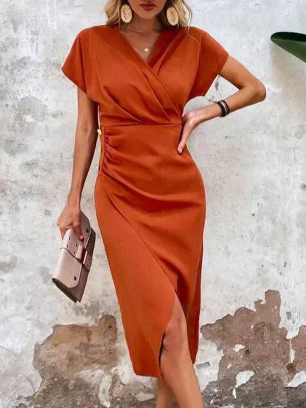 Patricia® | Orangefarbenes Midikleid mit V-Ausschnitt und Schlitz