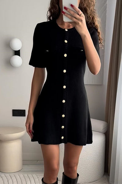 Weiches Heidi -Rosiedress Kurzarm Knopfverschluss Mini Strickkleid