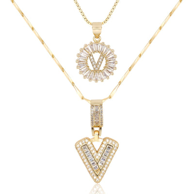 2-teiliges 14k Diamant-Anfangsbuchstaben-Halsketten-Set