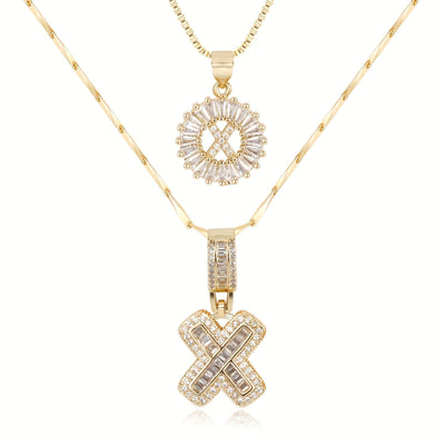 2-teiliges 14k Diamant-Anfangsbuchstaben-Halsketten-Set