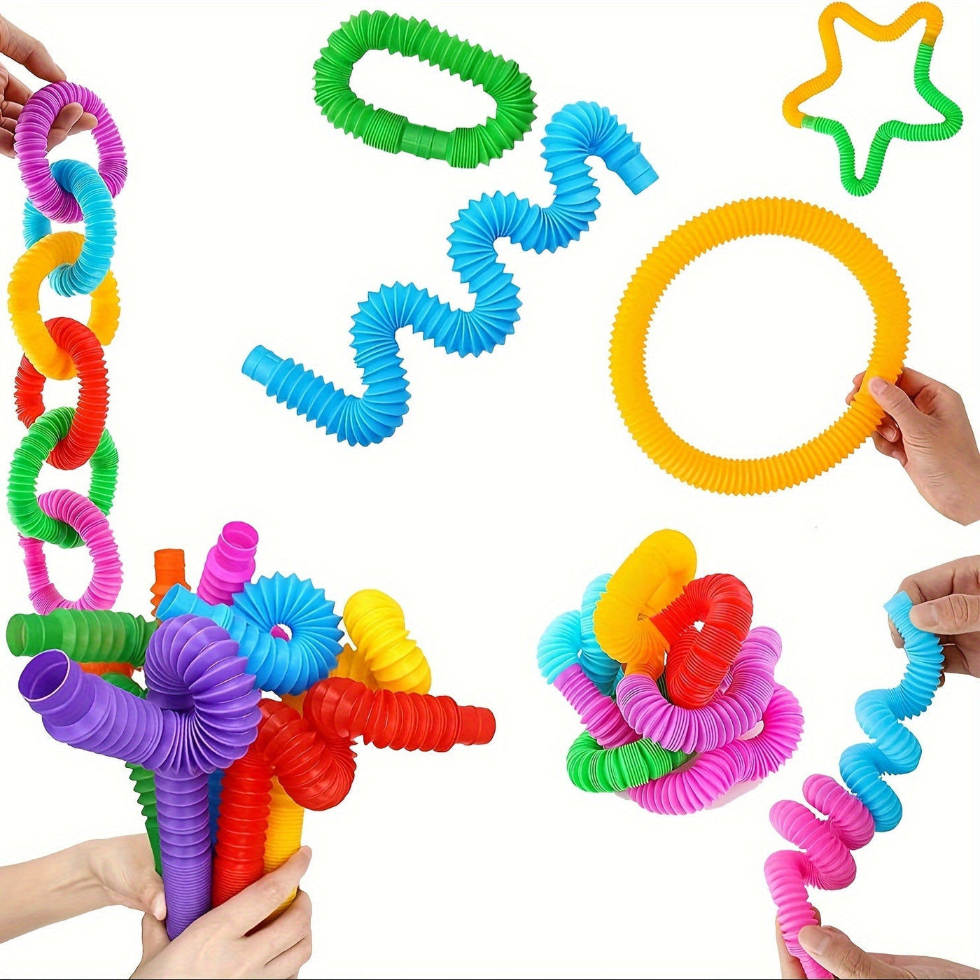 2 Stück Bunte Elastische Pop-Rohre – Sensorische Dehnen- & Quietscht-Spielzeuge