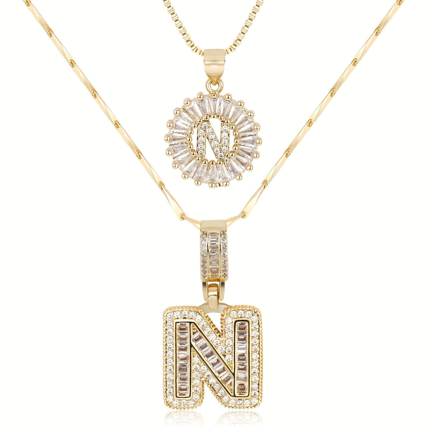 2-teiliges 14k Diamant-Anfangsbuchstaben-Halsketten-Set