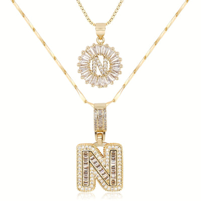 2-teiliges 14k Diamant-Anfangsbuchstaben-Halsketten-Set