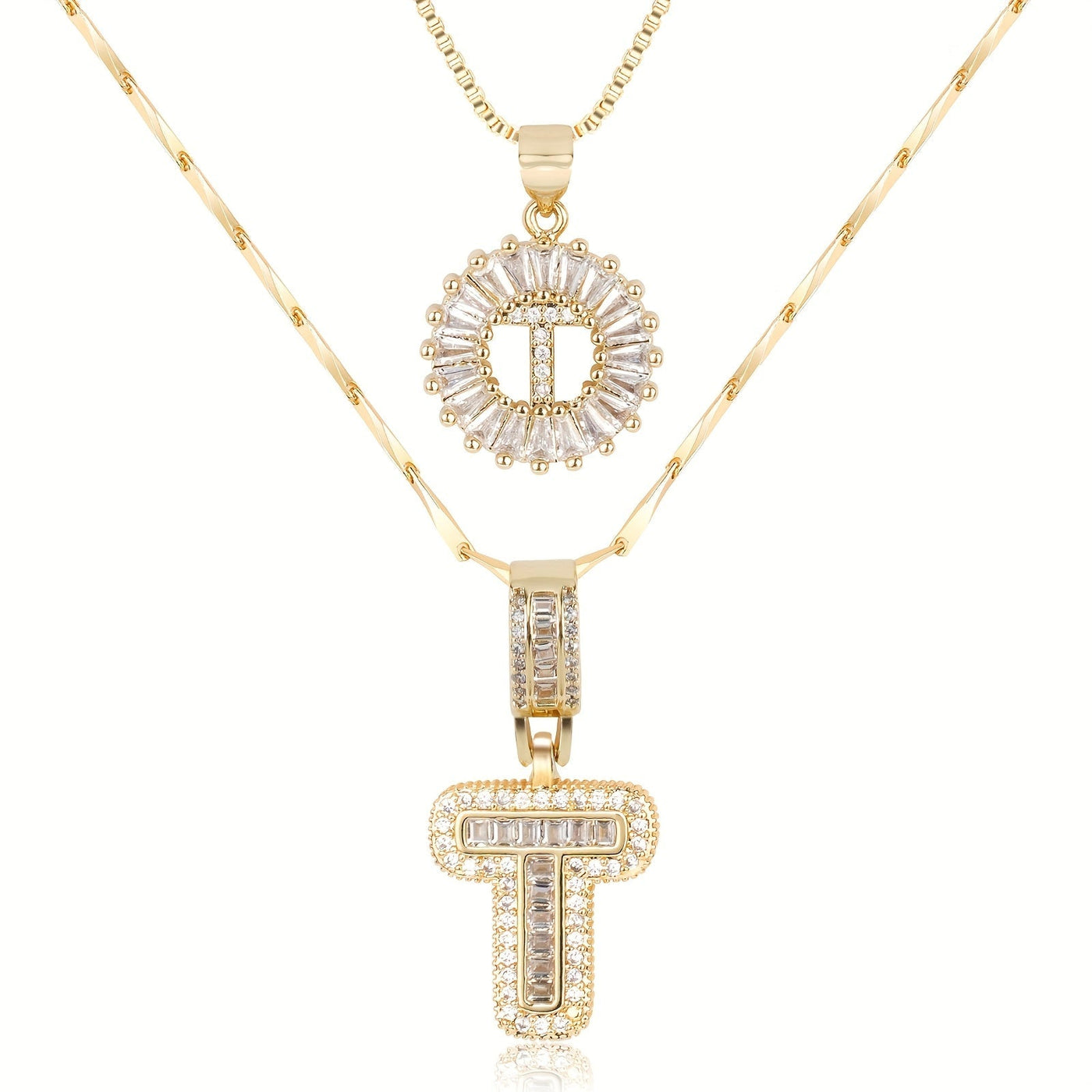 2-teiliges 14k Diamant-Anfangsbuchstaben-Halsketten-Set