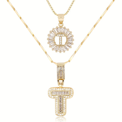2-teiliges 14k Diamant-Anfangsbuchstaben-Halsketten-Set