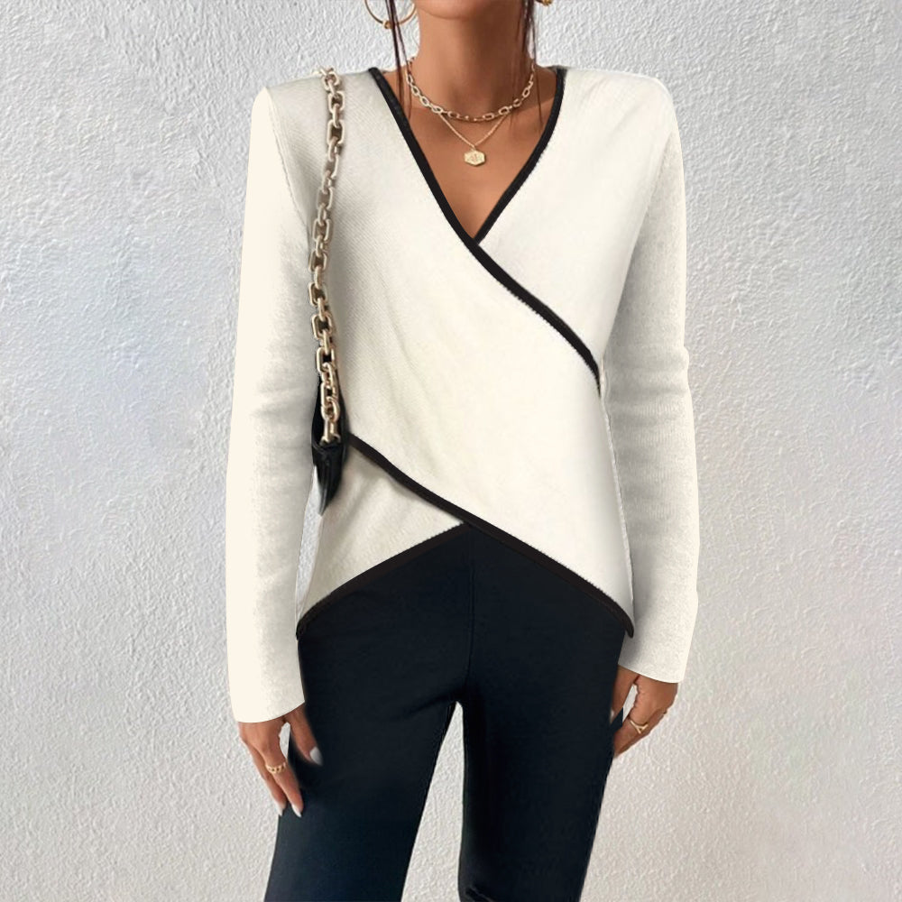 Wickel-Top mit Kontrastdetails | V-Ausschnitt | Elegante Silhouette