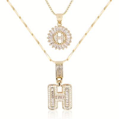 2-teiliges 14k Diamant-Anfangsbuchstaben-Halsketten-Set