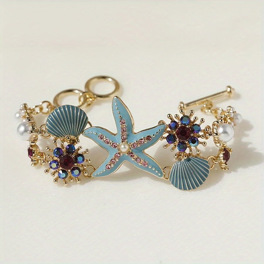 Wunderschönes Armband mit Seestern-Anhänger, Muscheldetails und Meerkorallen-Perlen