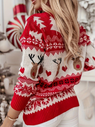 Festlicher Chic | Damen Pullover mit Weihnachts-Hirschmuster und Rundhalsausschnitt