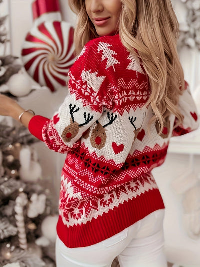 Festlicher Chic | Damen Pullover mit Weihnachts-Hirschmuster und Rundhalsausschnitt