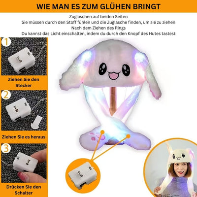 GlowBunny Bliss | LED leuchtende Plüschhasenmütze mit animierten Ohren - ein festliches Wunderwerk