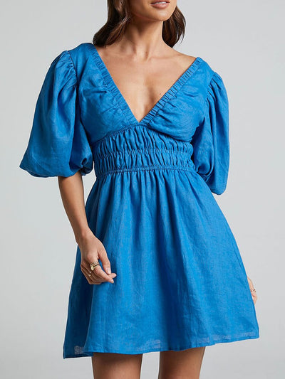 Warmes - Blaues Kleid mit Puffärmeln für dich