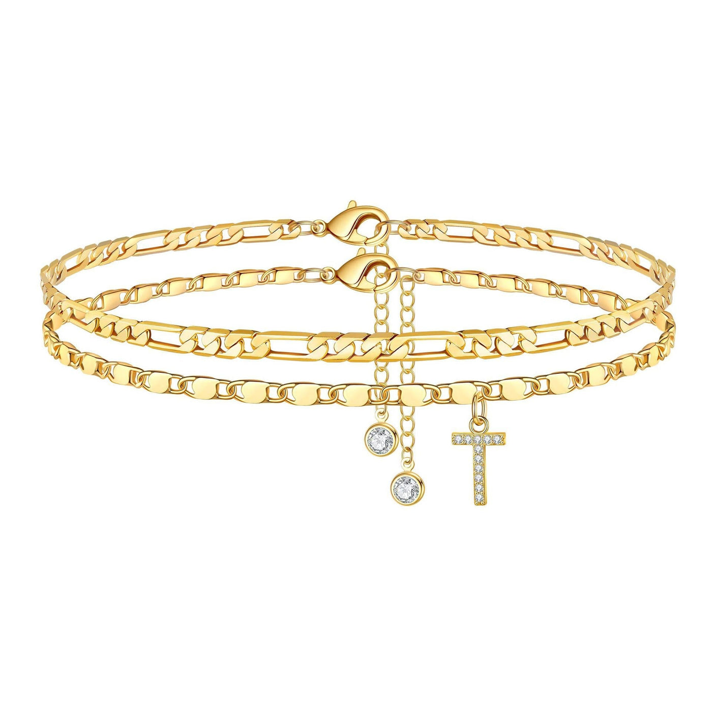2-teiliges 14k Diamant-Anfangsbuchstaben-Fußkettchen