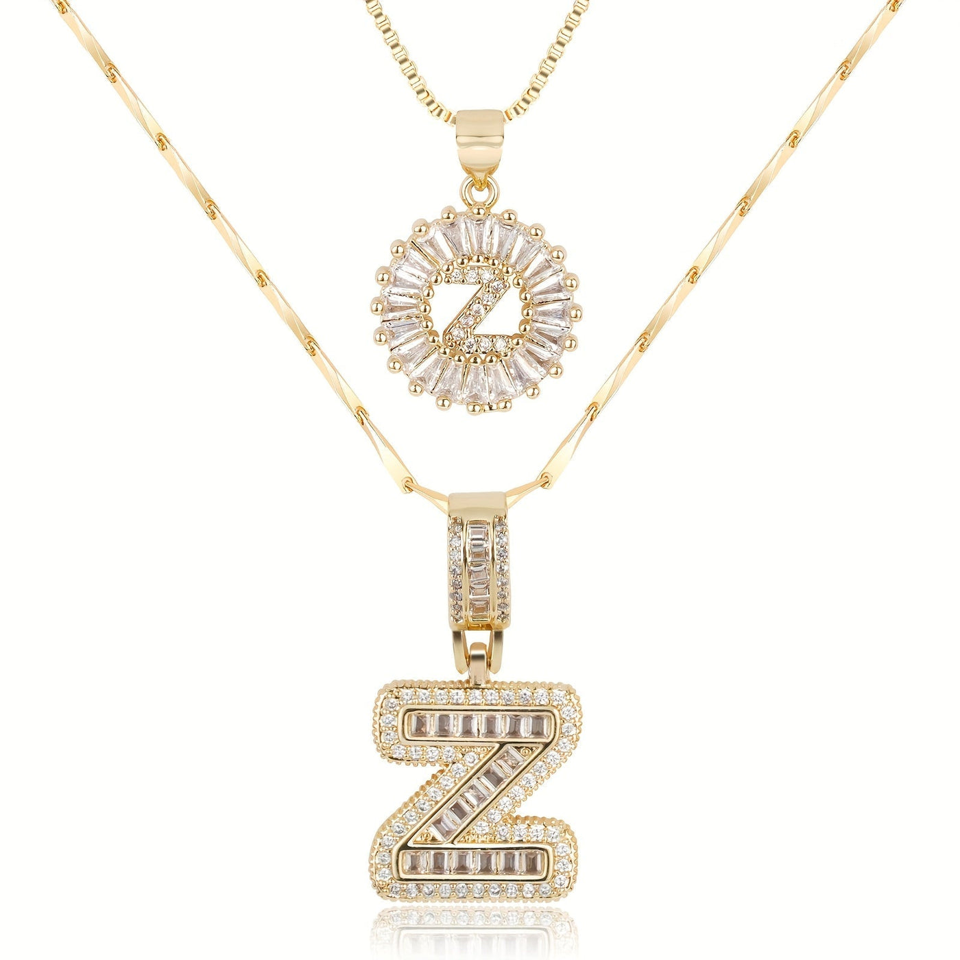 2-teiliges 14k Diamant-Anfangsbuchstaben-Halsketten-Set