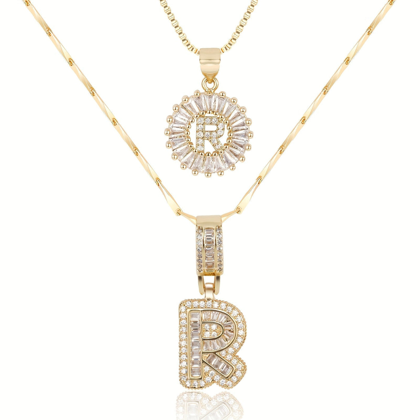 2-teiliges 14k Diamant-Anfangsbuchstaben-Halsketten-Set