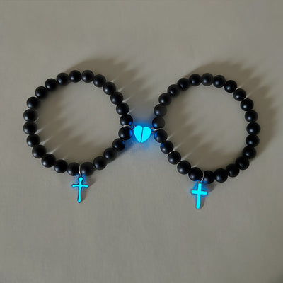 2er-Set Leuchtende Partnerarmbänder – Pfirsichherz & Kreuz – Eine Farbe