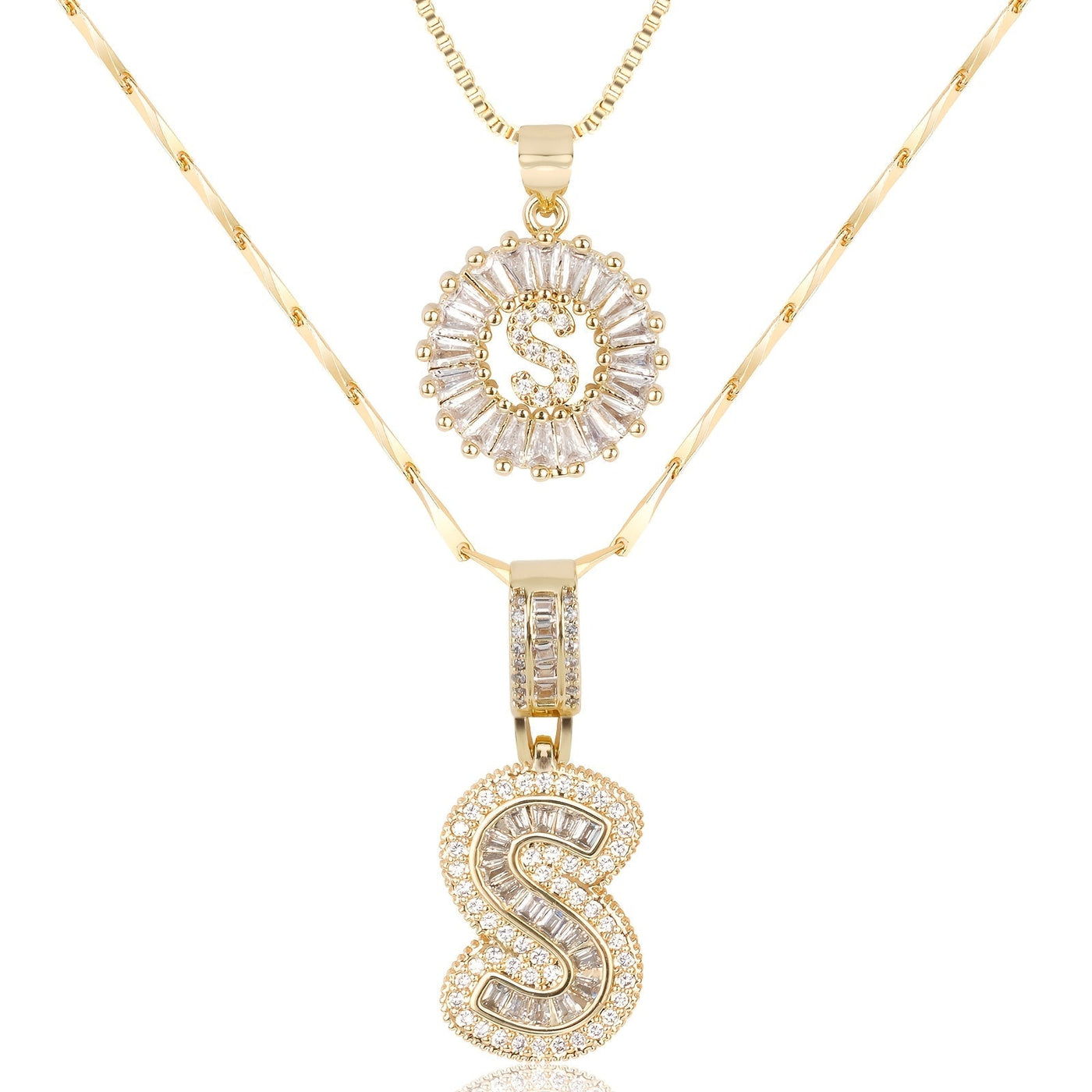 2-teiliges 14k Diamant-Anfangsbuchstaben-Halsketten-Set
