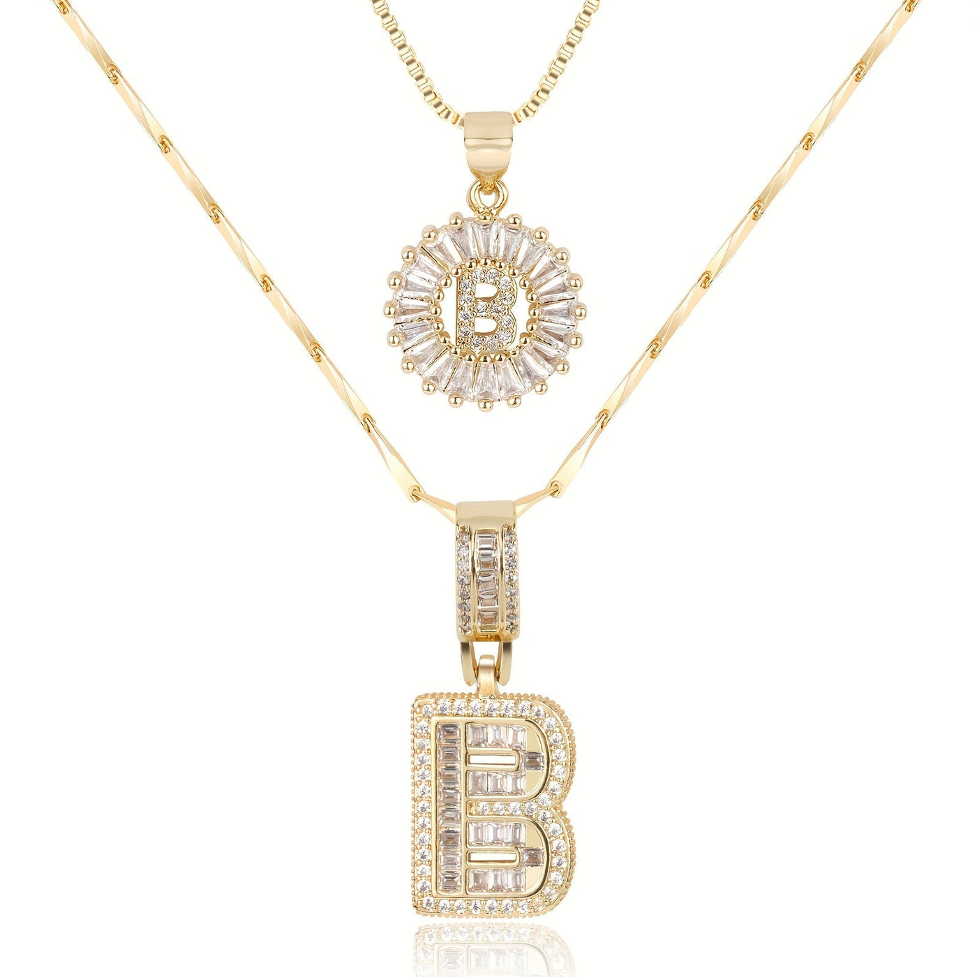 2-teiliges 14k Diamant-Anfangsbuchstaben-Halsketten-Set