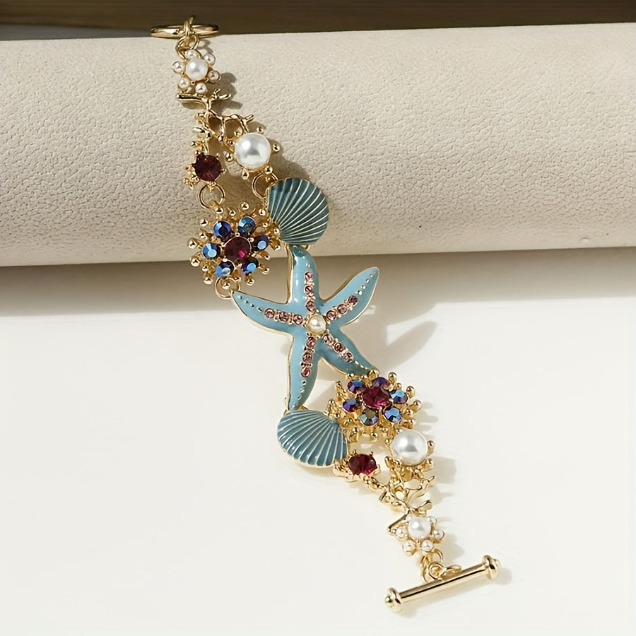Wunderschönes Armband mit Seestern-Anhänger, Muscheldetails und Meerkorallen-Perlen