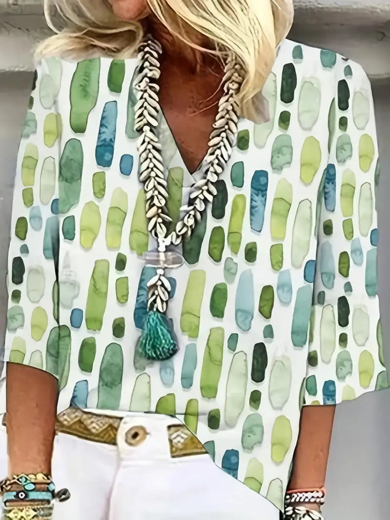 Jane® | Geometrische Bluse mit V-Ausschnitt und Dreiviertelärmeln