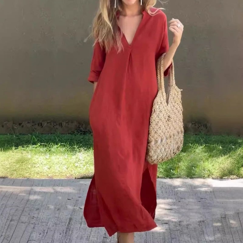 Rebecca® | Lässiges Leinenkleid mit V-Ausschnitt