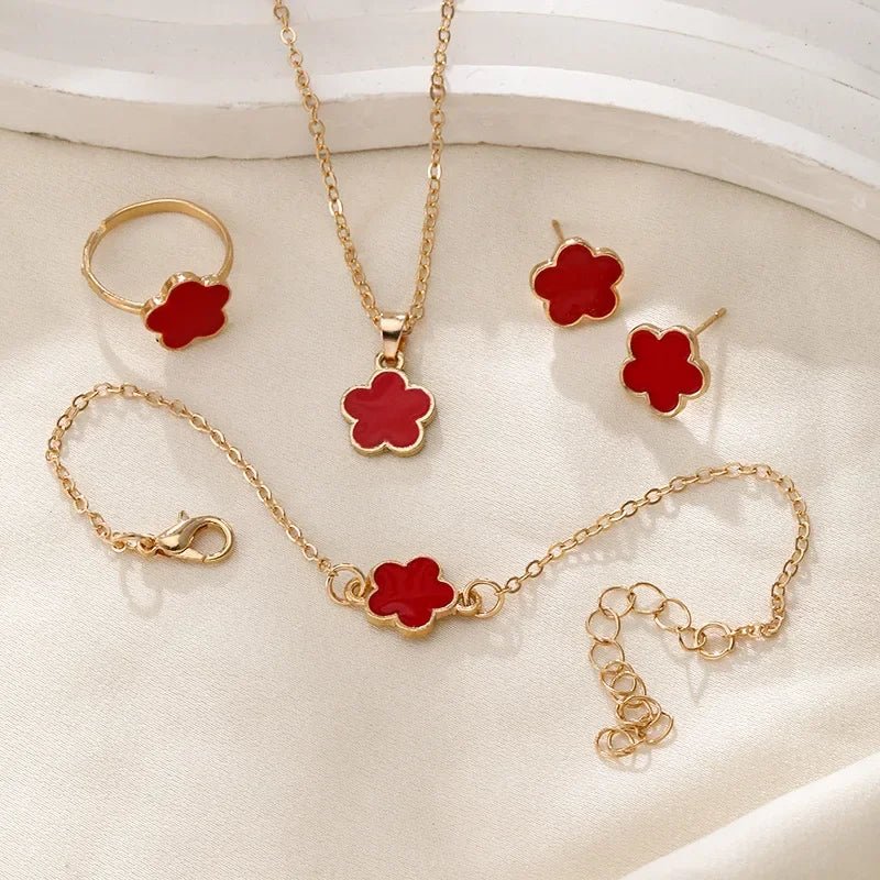 Zarter Glücklich Blumen Kleeblatt Halskette, Armband, Ohrringe, und Ringe Set