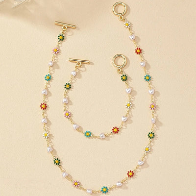 Zarter Frühling Blumen Perlen Armband und Halskette Set