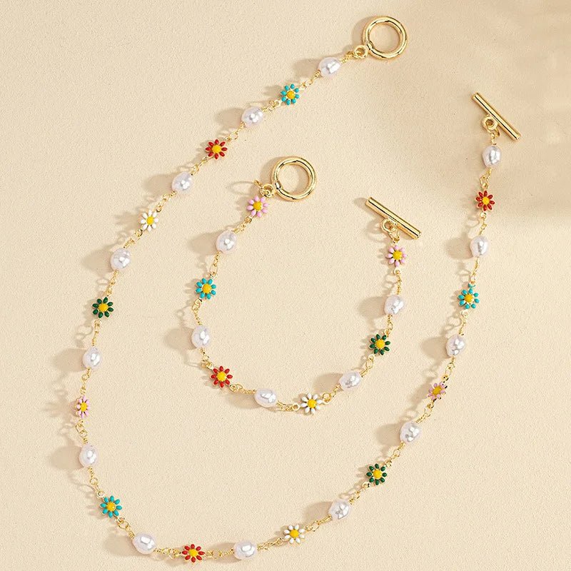 Zarter Frühling Blumen Perlen Armband und Halskette Set