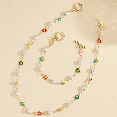 Zarter Frühling Blumen Perlen Armband und Halskette Set