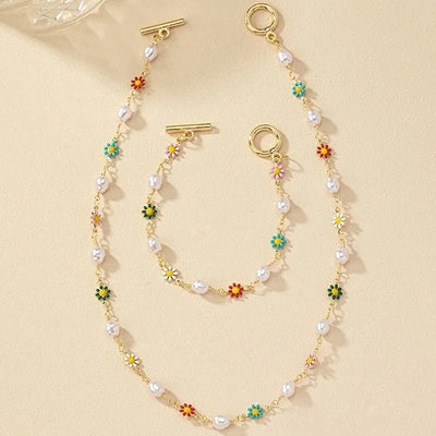 Zarter Frühling Blumen Perlen Armband und Halskette Set