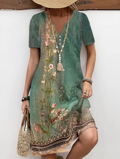 Paola® | Kurzärmliges kurzes Kleid mit Blumendruck und grünen Knöpfen