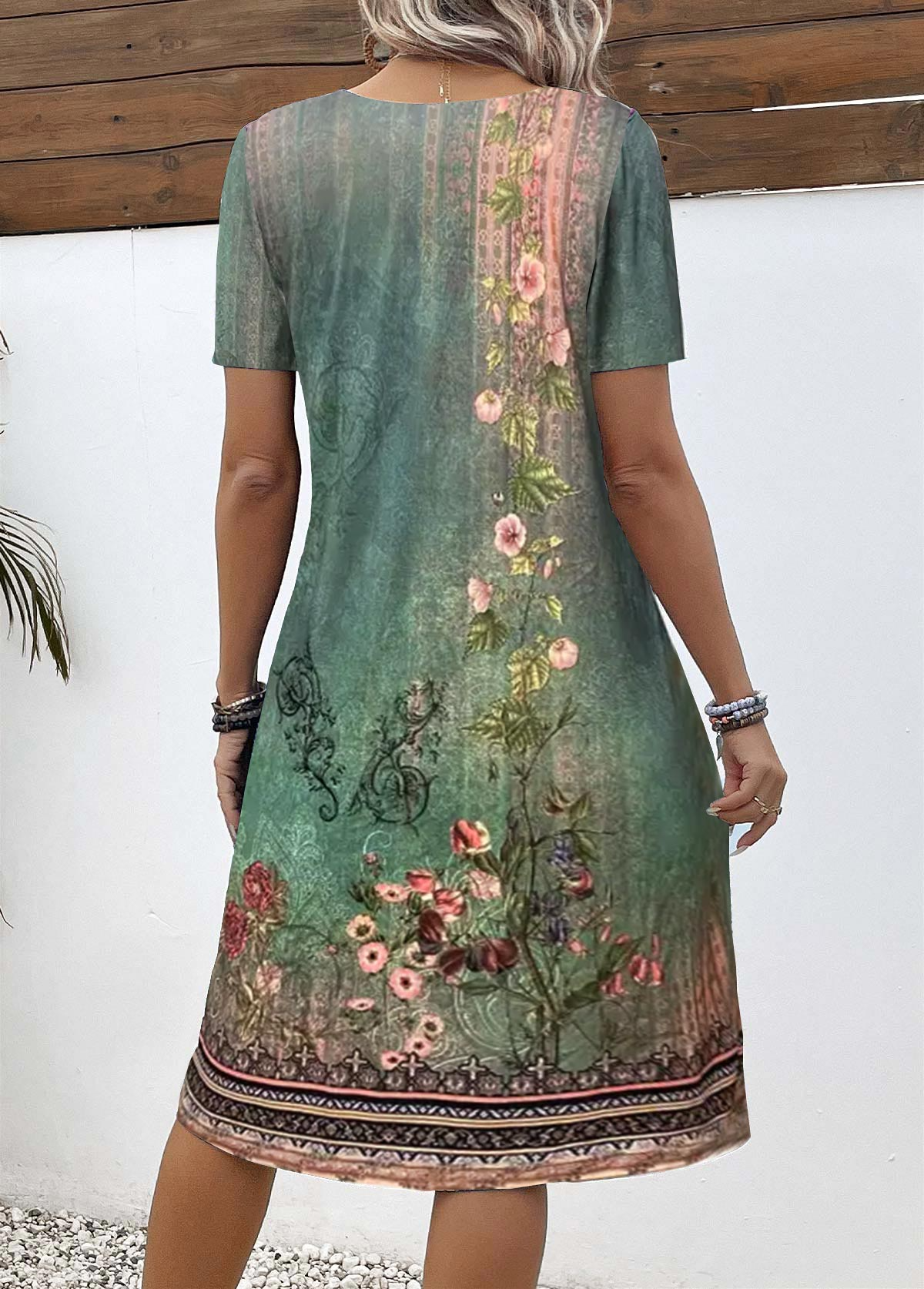 Paola® | Kurzärmliges kurzes Kleid mit Blumendruck und grünen Knöpfen