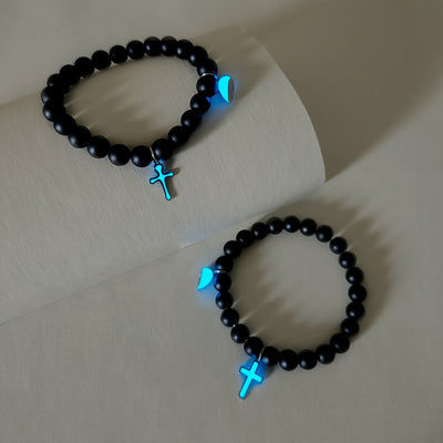 2er-Set Leuchtende Partnerarmbänder – Pfirsichherz & Kreuz – Eine Farbe