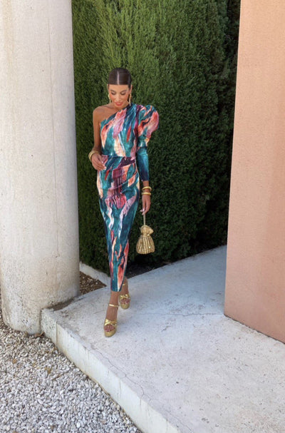 Yllana™ - Fliederfarbenes One-Shoulder Midikleid mit Puff-Details