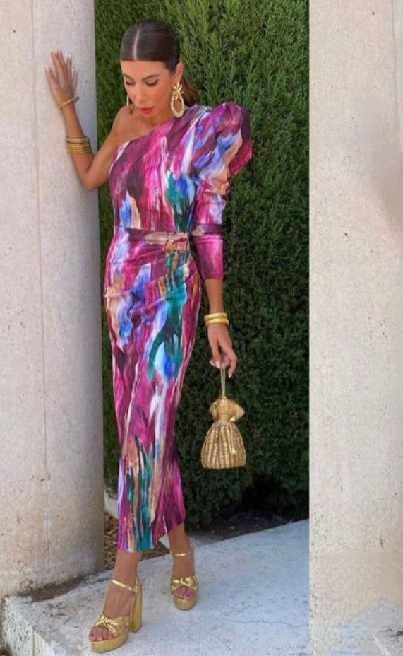 Yllana™ - Fliederfarbenes One-Shoulder Midikleid mit Puff-Details