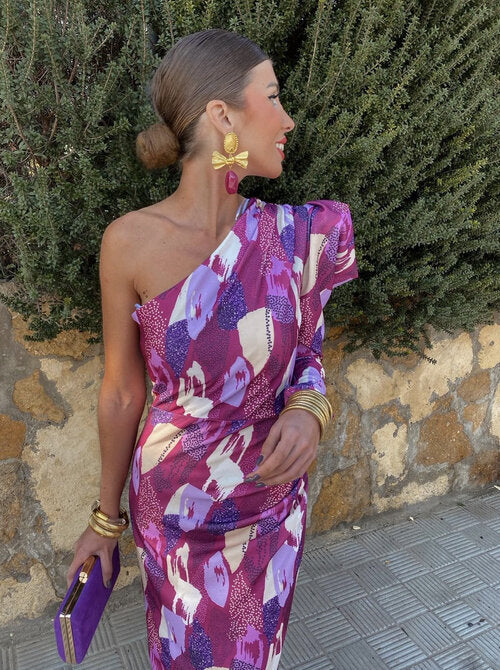 Yllana™ - Fliederfarbenes One-Shoulder Midikleid mit Puff-Details