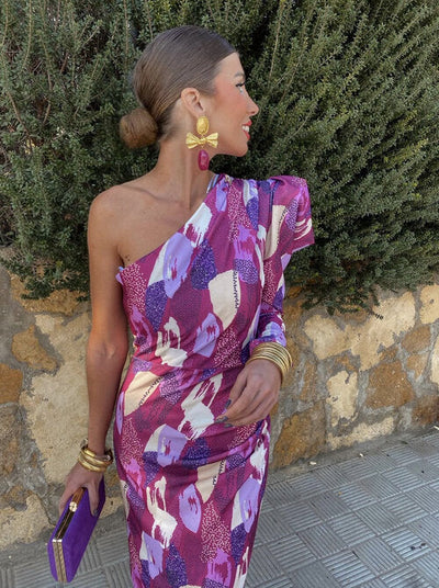 Yllana™ - Fliederfarbenes One-Shoulder Midikleid mit Puff-Details